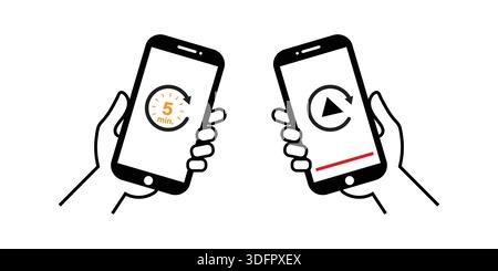 Zwei Hände Halten Smartphones Und Zeigen Wiedergabe Und Timer Auf Dem Bildschirm An. Stock Vektor