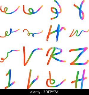 Verspieltes handgeschriebenes Alphabet mit farbenfrohen fließenden Strichen Stock Vektor