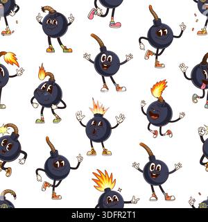 Groovige Bombenfiguren mit brennenden Sicherungen, Explosionen, Feuerfunken und komischen Ausdrücken. Vektor nahtlose Muster mit einigen Bomben sind mit Flammen beleuchtet, während andere lächeln, tanzen oder überraschen aussehen Stock Vektor