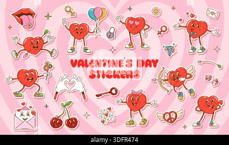Cartoon groovy Love Heart Characters Aufkleber mit Happy Hearts, bezaubernden Kirschen und süßen Marken, Schlüssel, Ringe und Liebesbriefen. Vector Holiday Set aus lustigen und niedlichen Persönlichkeiten für festliche Grüße Stock Vektor