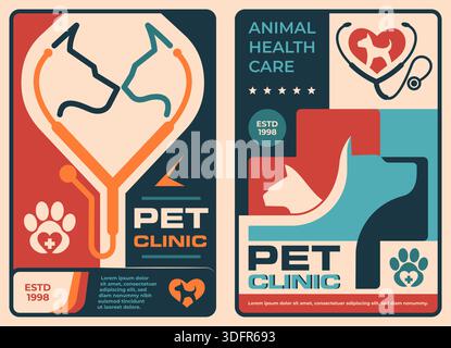 Retro-Plakate der Tierklinik mit Pfotendruck. Silhouetten von Hund und Katze im Stethoskop, das eine Herzform bildet. Vektor-Retro-Poster-Vorlage für Tierkrankenhaus, Healthcare Professional Service Stock Vektor