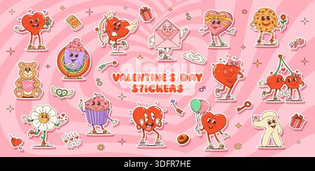 Cartoon groovige Liebe und Valentinskennzeichen Aufkleber mit Herzen mit Flügeln, Schlüssel der Liebe, Luftballons, die Kirschen küssen, Süßigkeiten, Liebesnoten, Blumen und Geschenkbox. Vektorflecken von Valentinstag-Persönlichkeiten Stock Vektor
