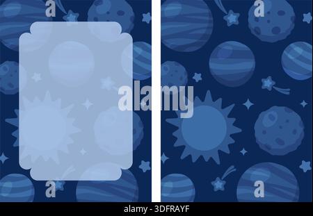 Blauer Hintergrund mit Planetenmuster und Sonnen. Verspielte, nahtlose Tapete für Kinderzimmer und Kinderzimmer, dunkelblau Stock Vektor