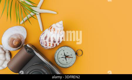 Strandreisezubehör Kompass Seesterne Kamera Kopierraum. 3D-Rendering Stockfoto