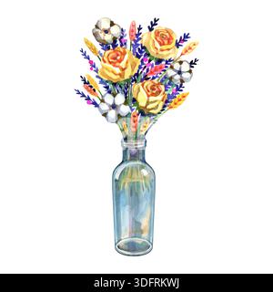 Botanische Anordnung von gelben Rosen, Lavendel und Baumwollblüten in einer einfachen Glasflasche. Handbemalter rustikaler Blumenaufsatz für Stockfoto