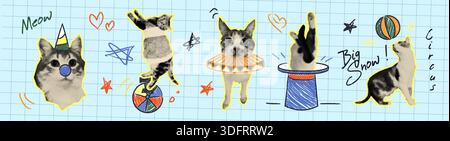Halbtonkatzen mit Kritzelzirkus-Gegenständen auf Gitterhintergrund. Vektor realistische Illustration von lustigen Haustieren, die mit Hand gezeichneter Clownnnase, Farbkugel, Vintage-Hut, nette Haustier-Meme-Kunst, Collage-Aufkleber spielen Stock Vektor