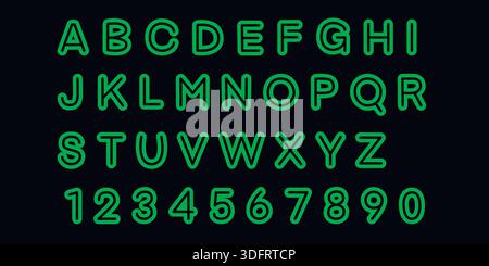 Leuchtend neongrüne Alphabet Schriftart. Buchstaben und Zahlen in Säuregrün. Symbole für Schilder, Überschriften und Textmarkierungen, Vektorgrafiken Stock Vektor