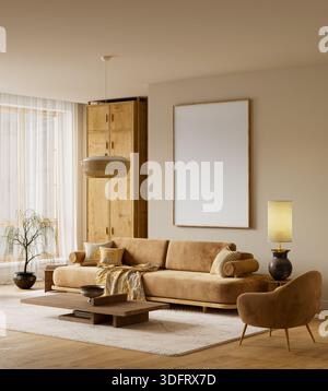 Minimalistisches Interieur mit geräumigem Posterrahmen, natürlichen Texturen und ruhigen Tageslichttönen für klare visuelle Präsentationen. Stockfoto