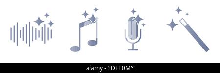 Set aus KI-Audio-Symbolen mit Schallwelle, Notennotiz, Mikrofon und Zauberstab. Tools für künstliche Intelligenz zur Sprachgenerierung und Audioinhalte Stock Vektor