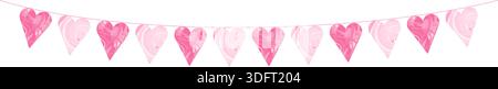 Rosafarbene Herzgirlande mit weicher Aquarelltextur, die an einem Seil hängt, romantische festliche Dekoration für die Geburtstagsfeier des Babys Stock Vektor