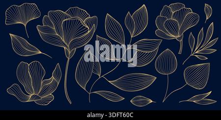 Vektorsatz von Linienblumen und Blättern. Golden Chinese erhebt sich, Zweige auf dunklem Hintergrund isoliert. Elegante luxuriöse Frühlingsillustration. Stock Vektor