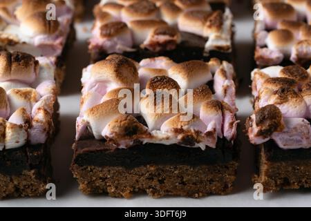 Köstliche s'mores-Bars mit graham-Cracker-Kruste, dicker Schokoladenganache und goldbraun gerösteten Marshmallows darüber Stockfoto