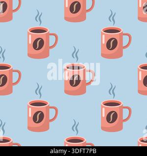 Pinkfarbene Tasse Kaffee, Tee, heiße Schokolade, Kakao. Illustration des Zeichentrickvektors. Handgezeichnete Tasse mit Dampf und Kaffeebohne Illustration darauf Stock Vektor
