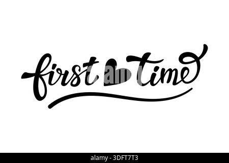 ERSTMALIGE Typografie, handgeschriebene Schrift mit Herzsymbol. Liebes-Thema-Kalligraphie. Vektorabbildung. Stock Vektor