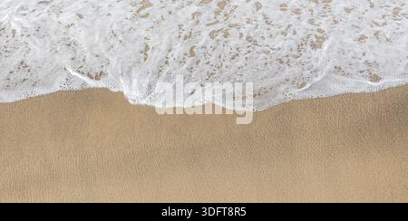 Ozeanwelle mit weißem Schaum, der über sauberem goldenem Sand gespült wird Stockfoto