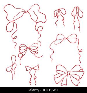 Rote Bögen und Bänder, skurrile handgezeichnete Skizze. Vektorabbildung. Elegante Schleifenkollektion isoliert auf weißem Hintergrund. Geeignet für Hochzeitszele Stock Vektor