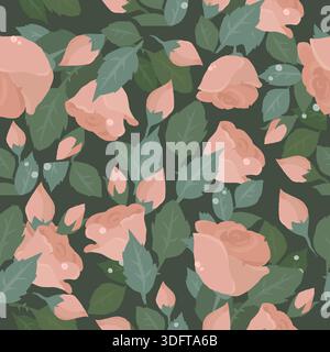 Nahtloses Muster mit pinkfarbenen Rosen auf grünem Hintergrund Stock Vektor