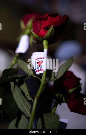 9. November, Mahnmal Levetzowstrasse Deu, Deutschland, Berlin, 09.11.2025 Rote Rosen und Zeichen VVN zum Gedenken am Mahnmal in der Levetzowstrasse in Berlin-Moabit Berlin Deutschland. In Gedenken an die Reichspogromnacht veranstaltet der antifaschistischen Initiative Moabit und VVN unter dem Motto es ist geschehen und folglich kann es wieder geschehen nach Primo Levi und kein Vergessen kein vergeben am 09. November 1938 . Die Nationalsozialisten richteten an der Levetzowstraße 1941 ein Sammellager für Berliner Juden ein, die sie anschliessend in den Osten deportiert. Am Standort Stockfoto