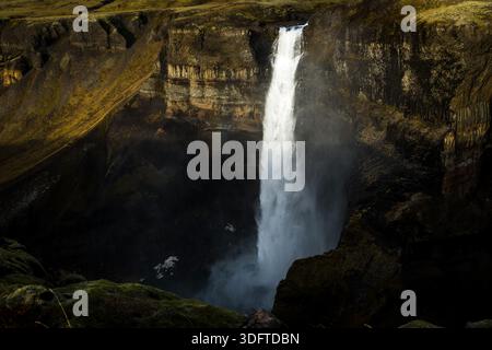 Der Blick auf den majestätischen Haifoss-Wasserfall taucht mit roher Kraft in schroffe Klippen ein, was ein nebeliges Spektakel in Südisland, Highlands, Island schafft Stockfoto