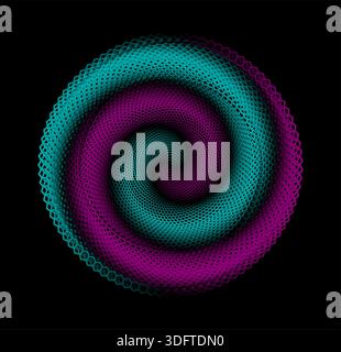 Hypnotisches spiralförmiges abstraktes Muster in Petrol und Purpur. Faszinierende Wirbelkonstruktion auf schwarzem Hintergrund. Rundes spiralförmiges Logo. Modernes Kunstdesign. Stock Vektor