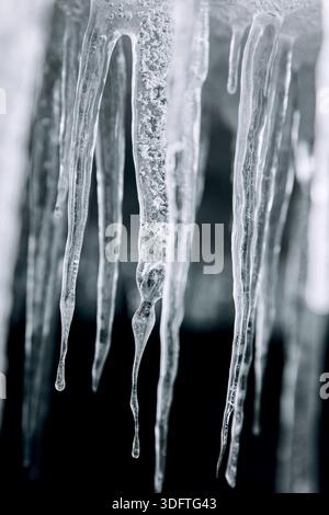 Selektiver Fokus auf Eiszapfen, die an der Basis des Schelfeises in Svalbard hängen, einem norwegischen Archipel zwischen dem norwegischen Festland und dem Nordpol. Stockfoto