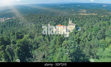 Blick von oben fliegende Drohne Bussaco Palast in Luso Portugal altes Gebäude Mealhada Averio Dorf Natur grüner Park Bäume Wald Berge portugiesisch Stockfoto