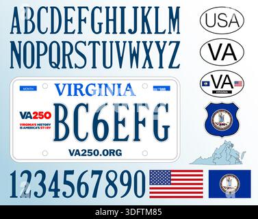 Virginia Autokennzeichen 250. 2026 Muster, Buchstaben, Zahlen und Symbole, Vektorillustration, USA, Usa Stock Vektor