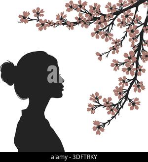 Die Silhouette einer ruhigen Frau steht unter einem blühenden Kirschblütenbaum in friedlicher Umgebung Stock Vektor