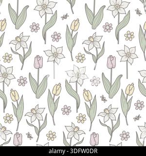 Nahtloses Frühlingsblumenmuster. Tulpen und Narzissen auf weißem Hintergrund. Botanische Vorlage In Pastellfarben. Vektorabbildung. Nicht AI Stock Vektor