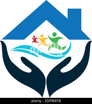 Family in Happy union Beach Logo, Familie, Eltern, Kinder, Liebe, Elternschaft, Pflege, Symbol Symbol Symbol Design Vektor Symbol Logo Stock Vektor