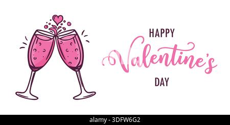 Zwei Gläser rosafarbenen Champagner, die neben dem Text zum valentinstag auf weißem Hintergrund klirren Stock Vektor