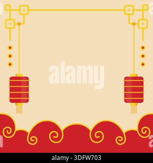 Schlichter und minimalistischer chinesischer Neujahrshintergrund mit hängenden Laternen auf beiden Seiten und welligen roten Wolken. Stock Vektor