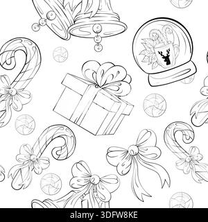 Anordnung von Weihnachtsgeschenken und -Dekorationen in nahtlosem Muster festlicher Art für fröhlichen Hintergrund und dekorative Grenze im Weihnachtsgeist Stock Vektor