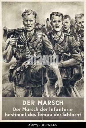 Dieses deutsche Propagandaplakat der 1940er Jahre mit dem Titel „der Marsch“ zeigt eine entschlossene Gruppe deutscher Infanteristen in Bewegung und betont ihre kritische Rolle bei der Festlegung des Kampftempo. Der monochrome Stil des Kunstwerks unterstreicht die düstere Realität und den Stoizismus, der mit der Kriegsführung während des Zweiten Weltkriegs verbunden ist Stockfoto