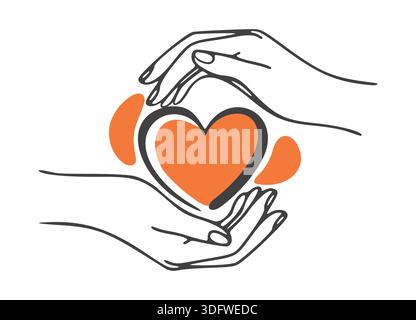 Eine warme und moderne, minimalistische Strichgrafik-Illustration, die zwei menschliche Hände zeigt, die sanft ein orangefarbenes Herzsymbol schröpfen und schützen. Stock Vektor