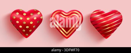 Stilvolle rote 3D-Herzen mit goldenen Mustern, ideal für Valentinstag, Liebe und Romantik. Vektorabbildung Stock Vektor