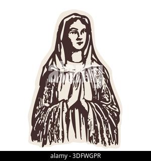 Hingabe von Mutter Maria mit betenden Händen Clip-Kunst. Handgezeichnetes schwarz-weißes Vektormotiv für christliche Bibelstudien. Stock Vektor