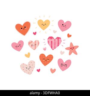 Niedliches Kawaii-Clipart-Set mit lächelnden Gesichtern in sanften Pastelltönen. Perfekt für Valentinskarten, Aufkleber, Kindermotive und Social Media Gr Stock Vektor