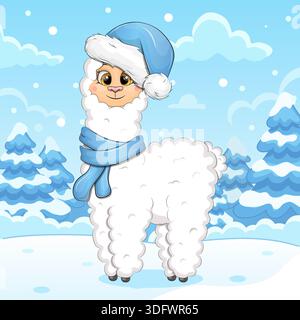 Niedlicher Cartoon-Lama mit Hut und Schal im Winter. Vektor-Illustration des Tieres in der Natur auf einem blauen Hintergrund mit Schnee. Stock Vektor