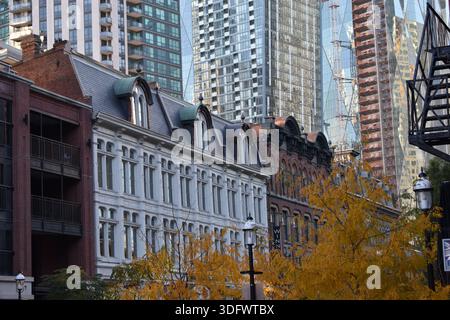 Historische Backsteinreihenhäuser und moderne Glashochhäuser, die sich im Herbst im Zentrum von Toronto, Kanada, erheben. Stockfoto