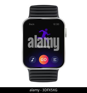 Running Workout Anwendungsoberfläche realistische Smart-Watch-Vektor-Modell mit Stabfigur Symbol Sport Fitness und gesunder Lifestyle-Technologie Stock Vektor