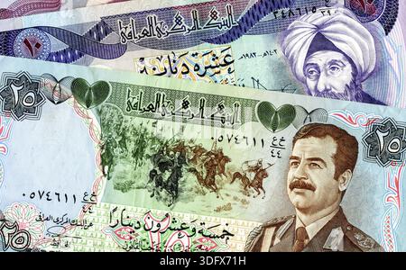 Aus verschiedenen Banknoten des Irak Geld Hintergrund Stockfoto