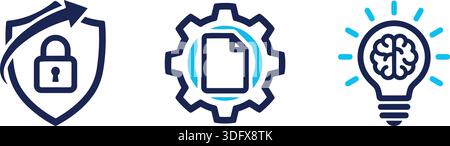 Drei Symbole symbolisieren Sicherheit, Dokumentenverwaltung und Innovation. Ideal für Technologie oder geschäftliche Inhalte. Stock Vektor