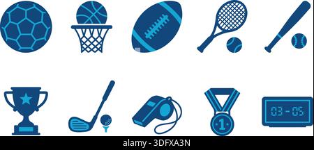 Eine Reihe blauer Symbole, die Sportausrüstung wie Bälle, Schläger und Trophäen darstellen. Nützlich für digitale Designs und Sportthemen. Stock Vektor