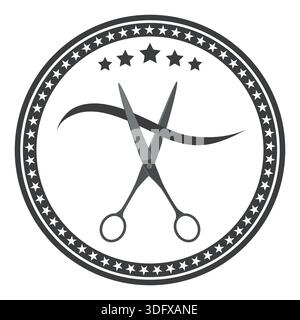 Abbildung des Barber-Logos. Schere mit Locken im Kreis Stock Vektor