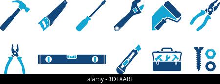Verschiedene Symbole für Handwerkzeuge in blauen Tönen, ideal für Bau- oder Heimwerkermotive. Umfasst Hämmer, Sägen und mehr für Konstruktionsprojekte. Stock Vektor