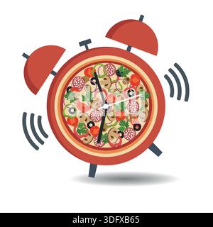 Illustration Pizza mit Uhr, Designvorlage. Konzept für Pizzeria, Essenslieferung, italienisches Restaurant auf weißem Hintergrund Stock Vektor