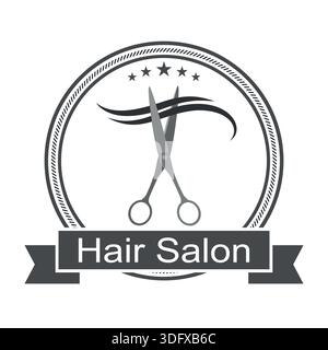 Abbildung des Barber-Logos. Schere mit Locken im Kreis mit Banner Stock Vektor