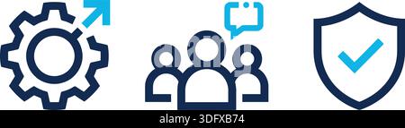 Minimalistisches Vektorset mit Optimierungseinstellungen, Teamzusammenarbeit und Symbolen für Datensicherheit. Ideal für Unternehmenspräsentationen, Website-Element Stock Vektor