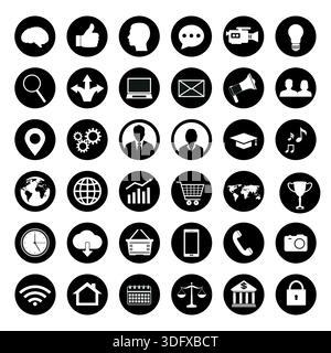 Illustrationssatz mit Symbolen für Unternehmen. Symbole für Management, Finanzen, Strategie, Marketing auf weißem Hintergrund. Stock Vektor